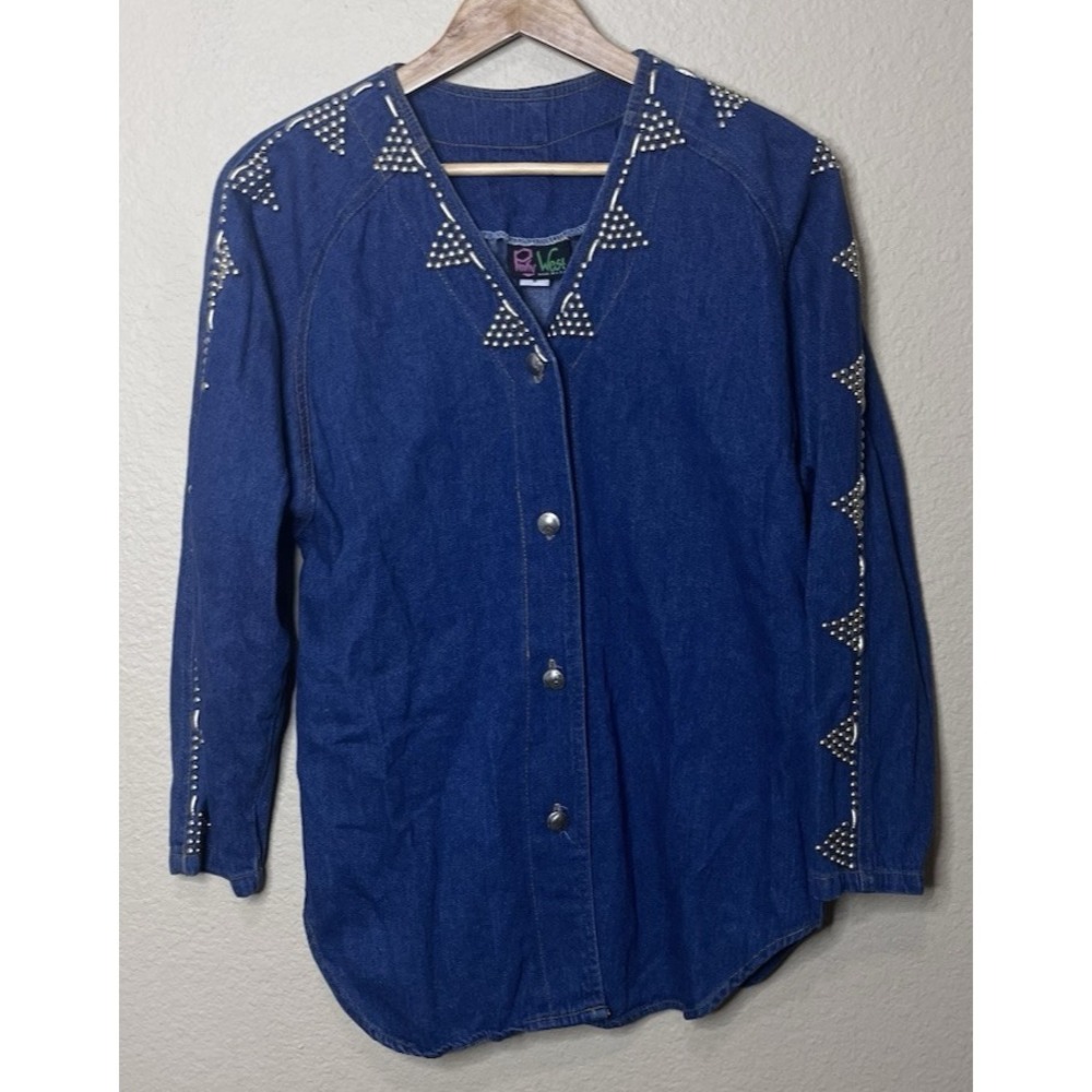 Vintage Pinky West Studded Denim Shirt Jacket Medium Wash Western Made in USA M